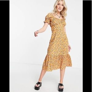 Asos Influence Yellow Floral Print Midi Dress US 4